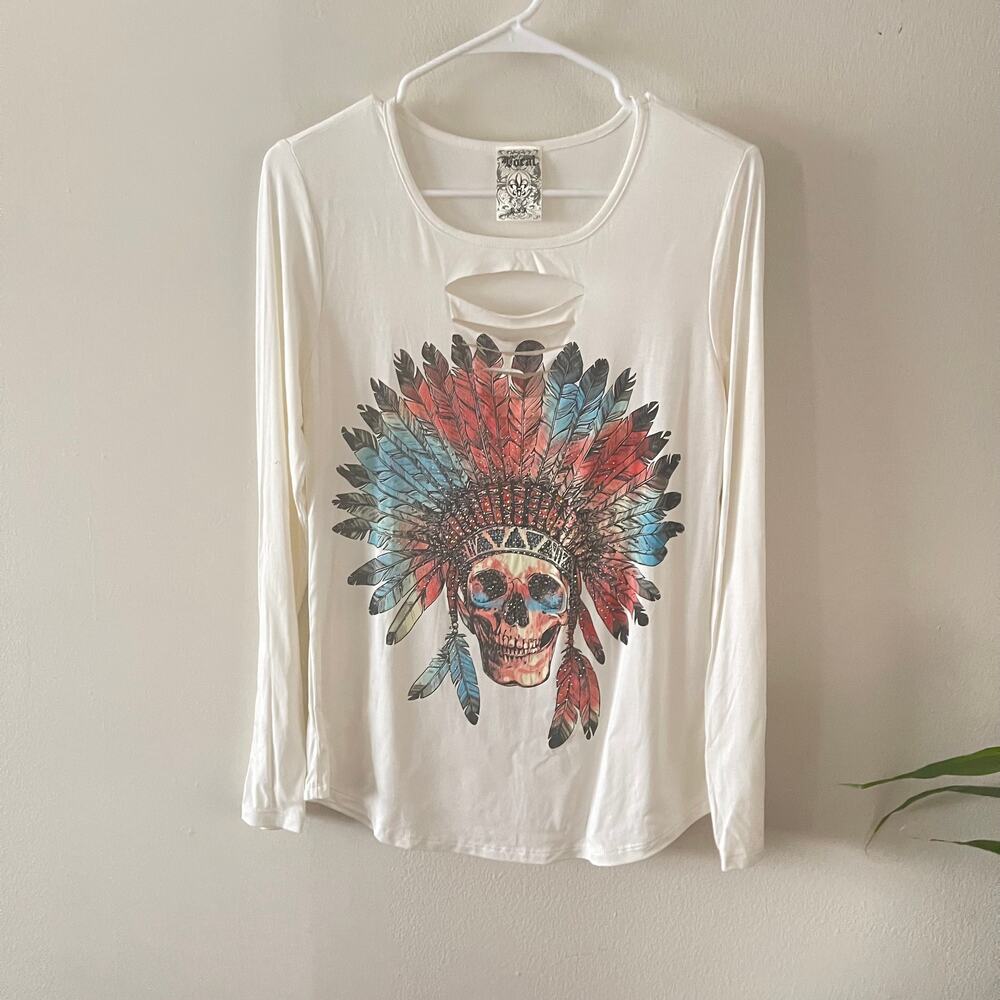 Vocal Rhinestone Skull Headdress Top Womens Medium White Long Sleeve Cutout Boho